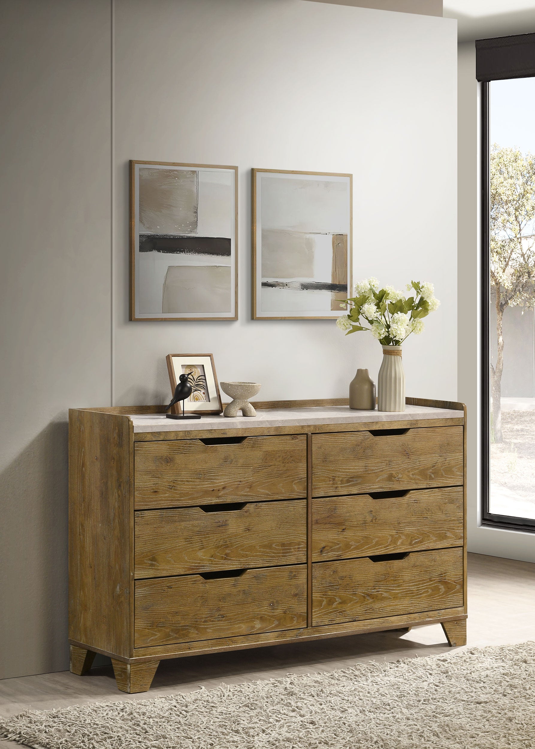 Henderson Medium Oak Dresser with Mirror, Chest, Nightstand and Mirror