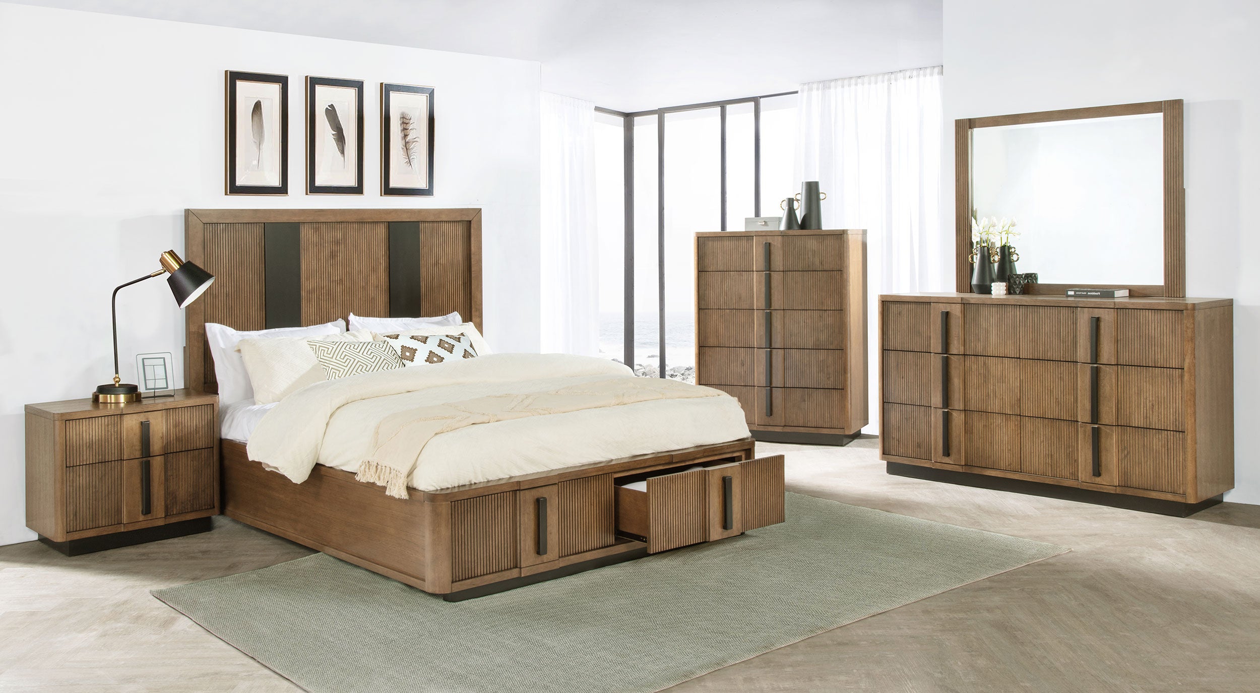 Terrace Ash Brown Dresser with Mirror, Chest, Nightstand