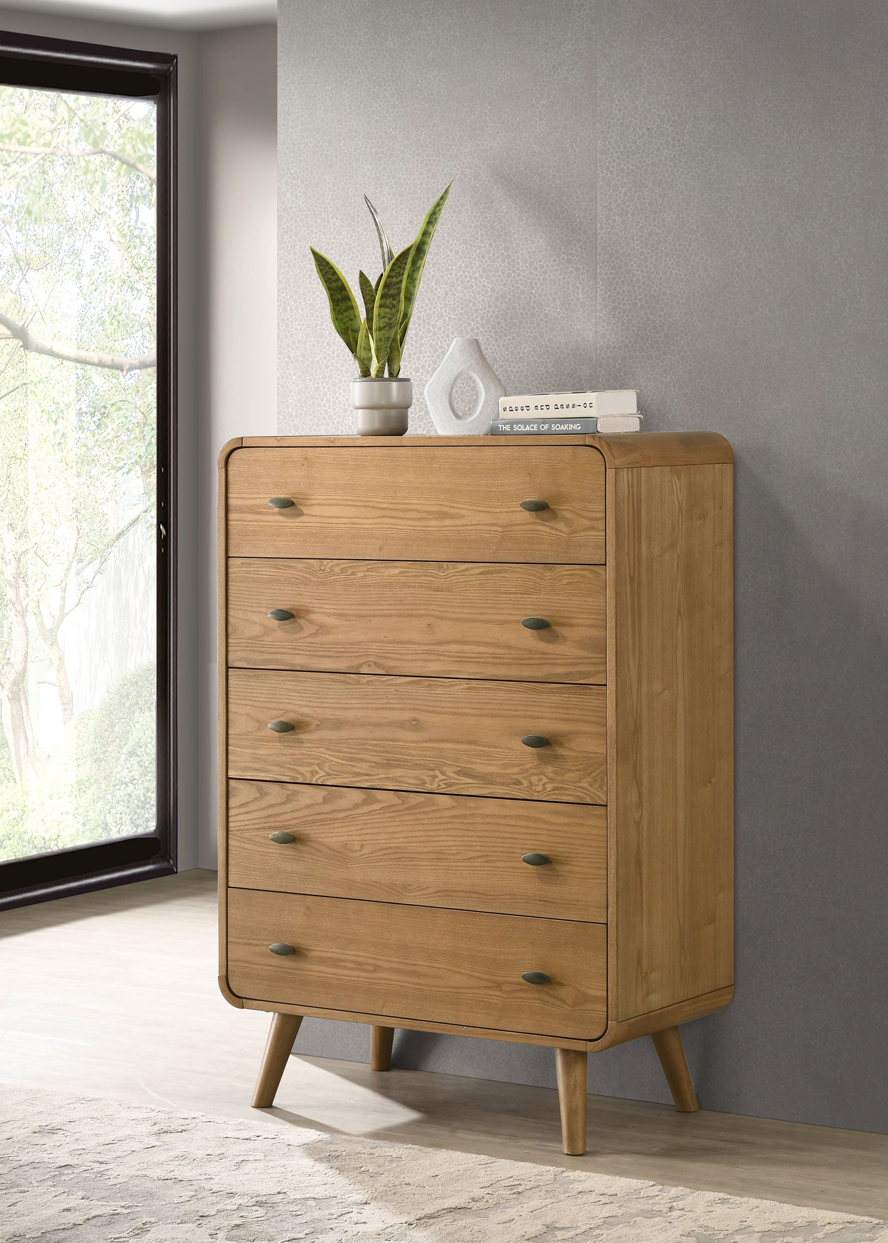 Robyn Light Ash Dresser with Mirror, Chest, Nightstand and Mirror with Natural