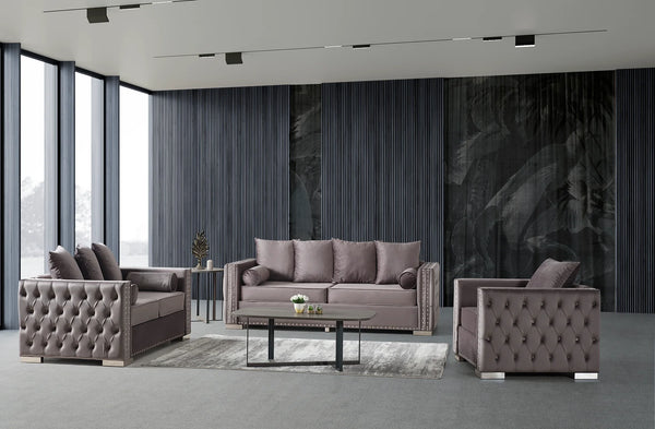 Lotus Grey Velvet 2PC Sofa&Loveseat Living Room Set