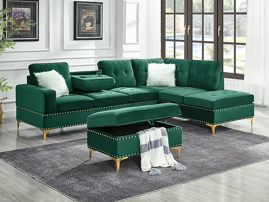 Joy Green Velvet Sectional No Ottoman