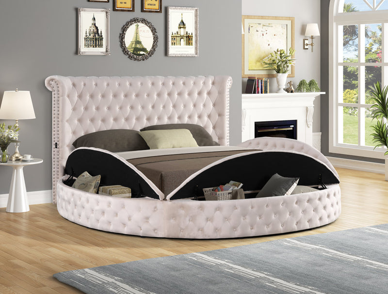 Lux Beige Velvet Round Storage Platform Bed