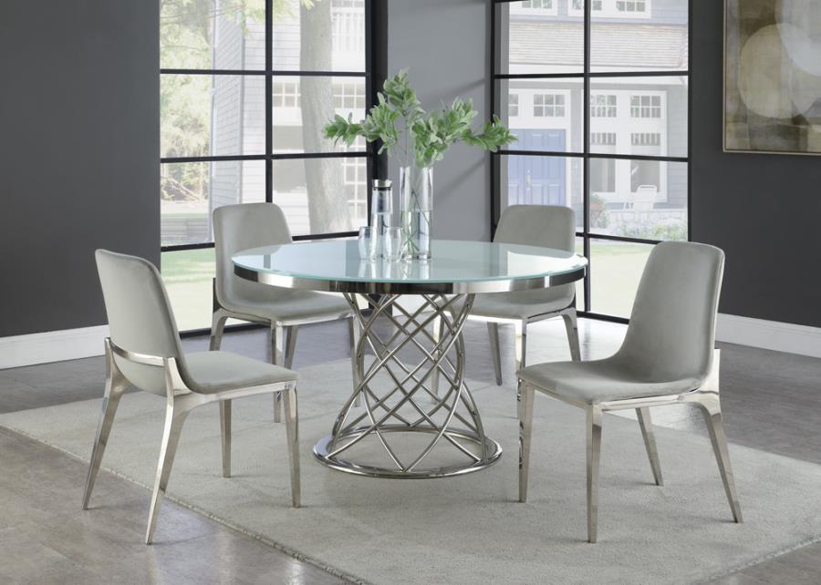 Irene Collection Round Glass Top Dining Set White and Chrome with 4 Chairs