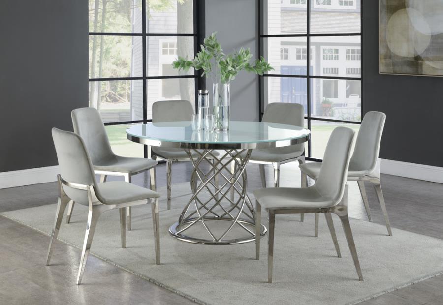 Irene Collection Round Glass Top Dining Set White and Chrome with 4 Chairs