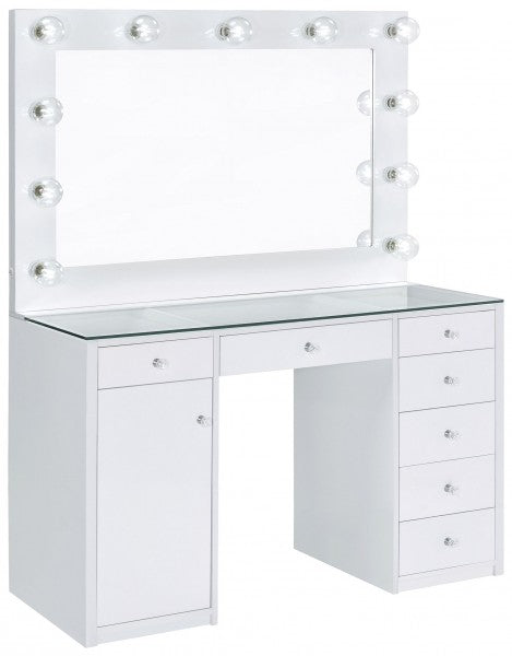 Acena 7-drawer Glass Top Vanity Desk with Lighting White