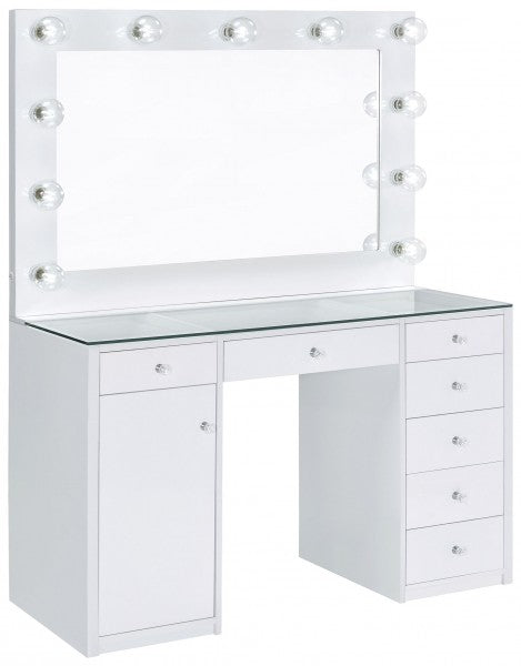 7-drawer Glass Top Vanity Desk with Lighting White