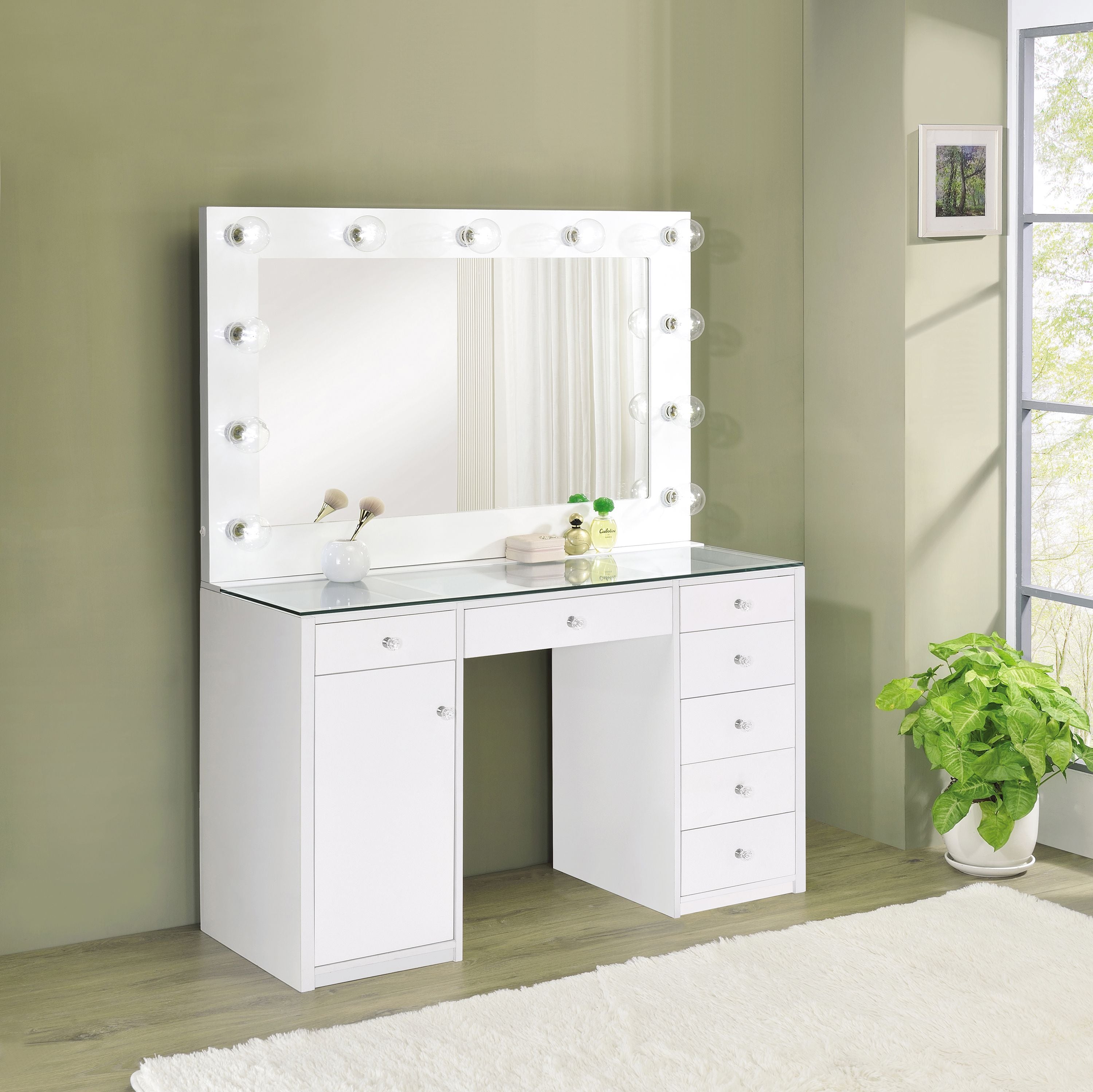 Acena 7-drawer Glass Top Vanity Desk with Lighting White Acena 7-drawer Glass Top Vanity Desk with Lighting White