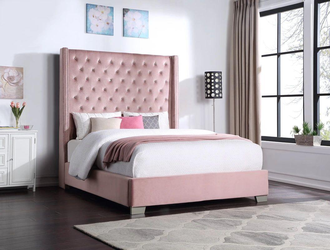 Beverly Diamond Pink Velvet Bed Frame