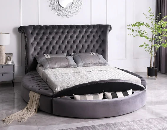 Lux Grey Velvet Round Storage Platform Bed
