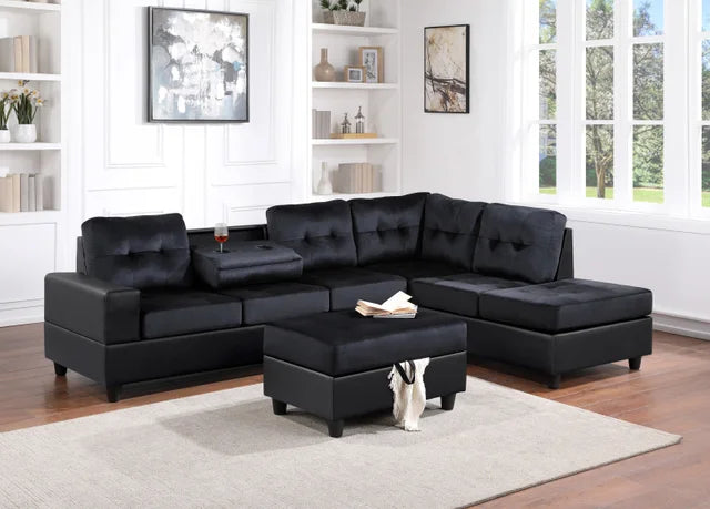 PU9-Heights Black Sectional & Storage Ottoman Set