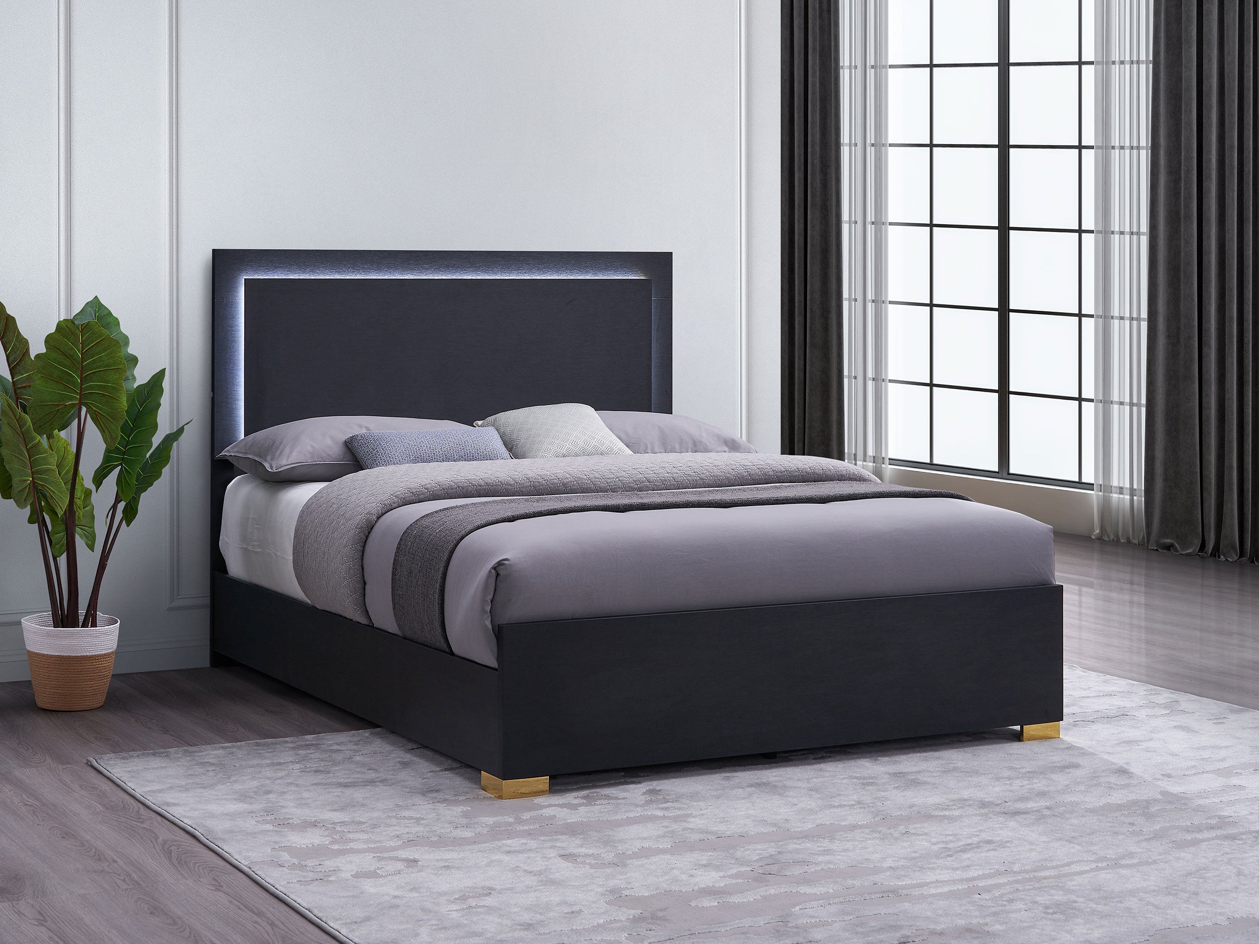 Marceline Wood LED Panel Bed Black