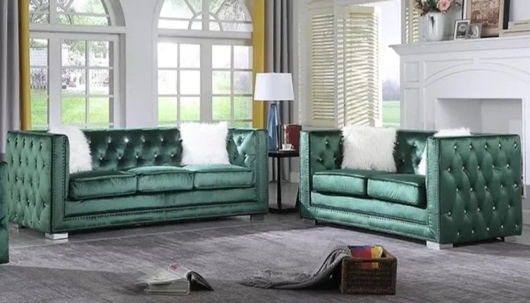 Paris Green Velvet Sofa and Loveseat