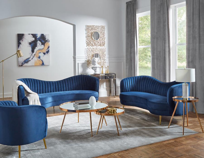 Sophia Upholstered Living Room Set with Camel Back Blue and Gold