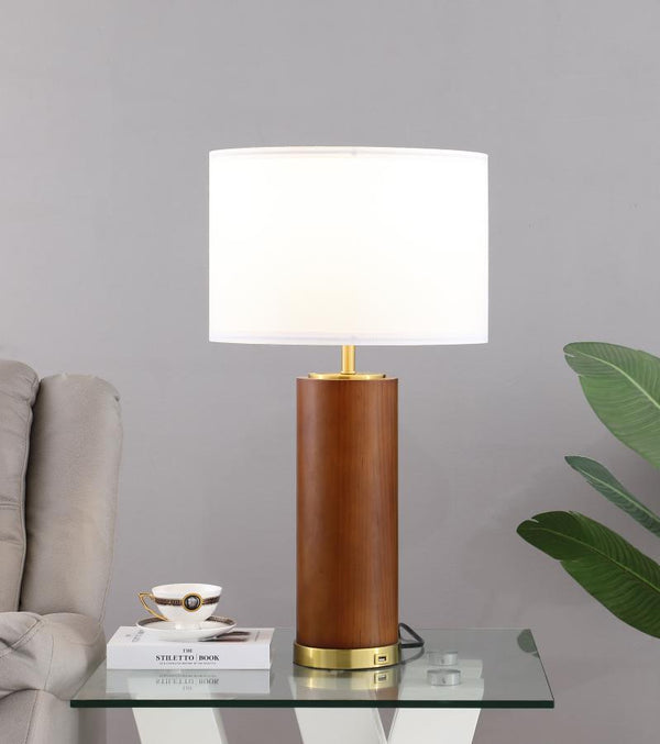 Wood Textured Table Lamp With Gold Leg And USB Port