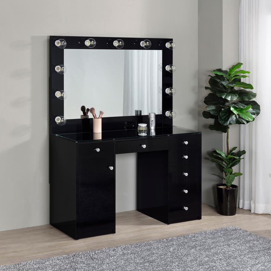 Acena 7-drawer Glass Top Vanity Desk with Lighting Black
