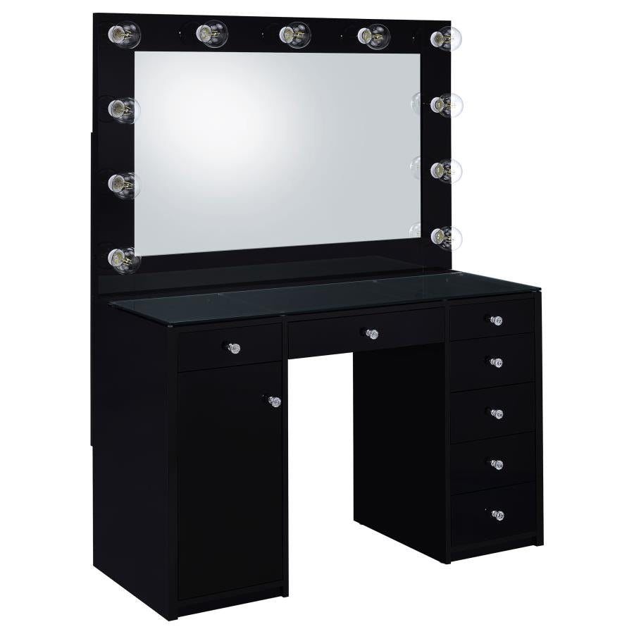 Acena 7-drawer Glass Top Vanity Desk with Lighting Black
