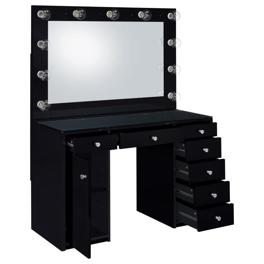 Acena 7-drawer Glass Top Vanity Desk with Lighting Black