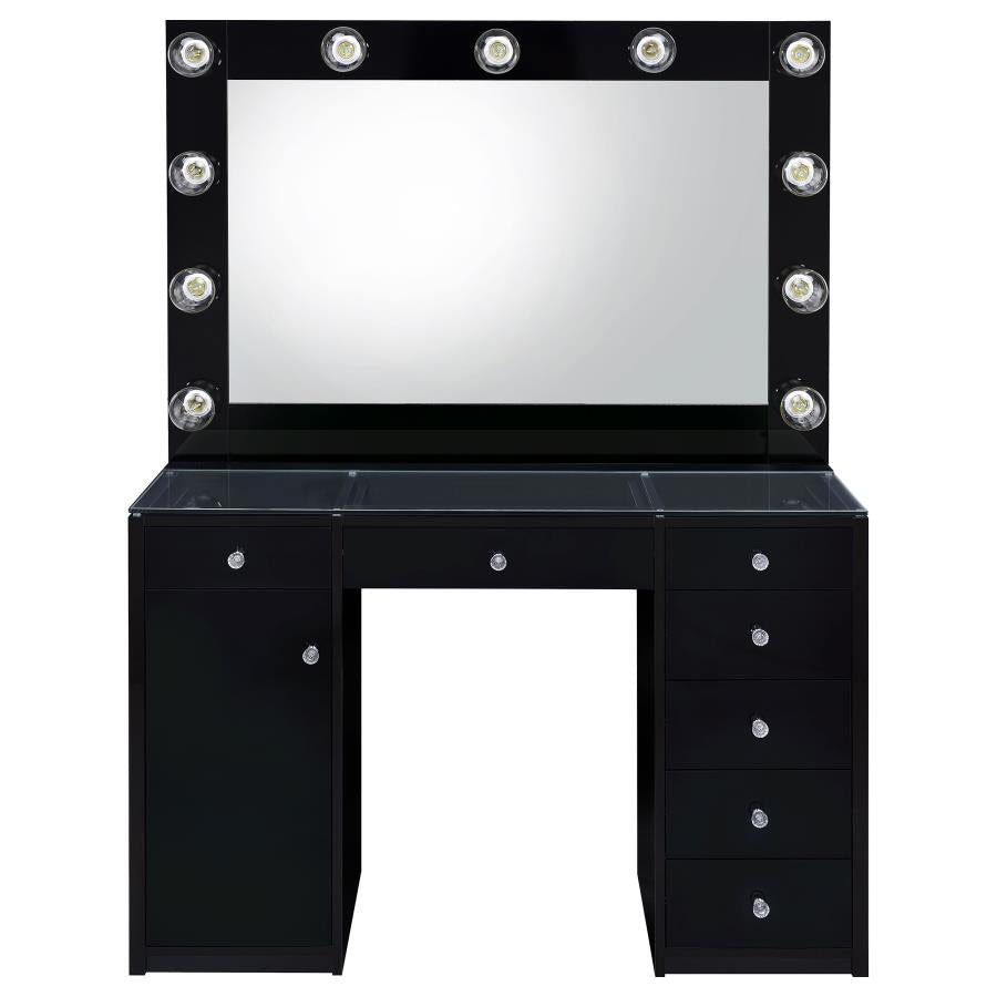 Acena 7-drawer Glass Top Vanity Desk with Lighting Black