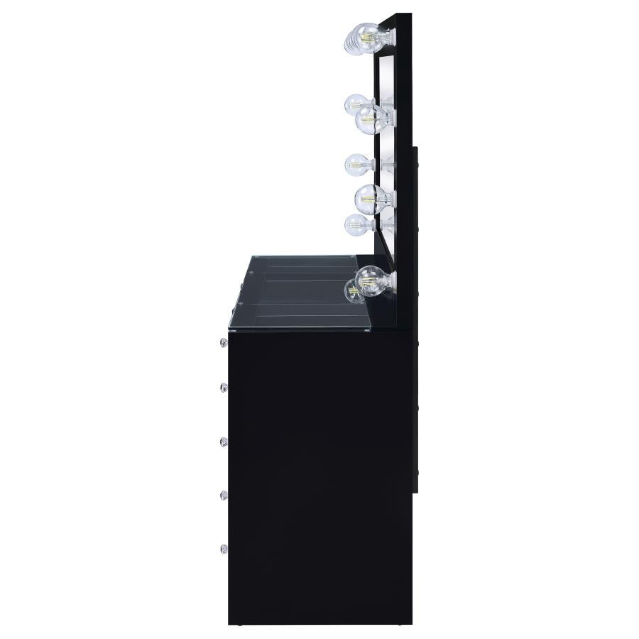 Acena 7-drawer Glass Top Vanity Desk with Lighting Black