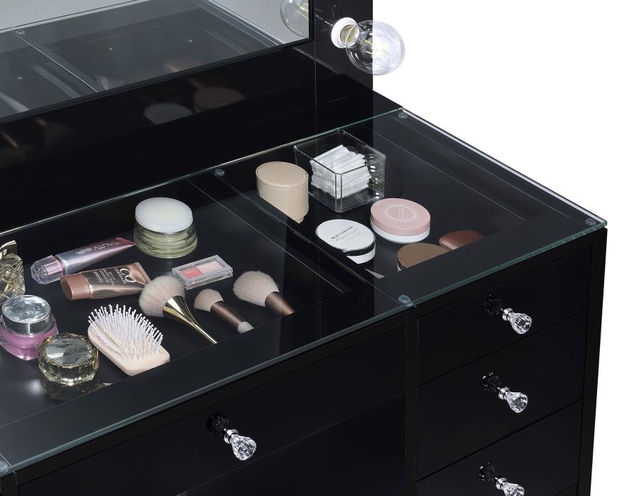 Acena 7-drawer Glass Top Vanity Desk with Lighting Black
