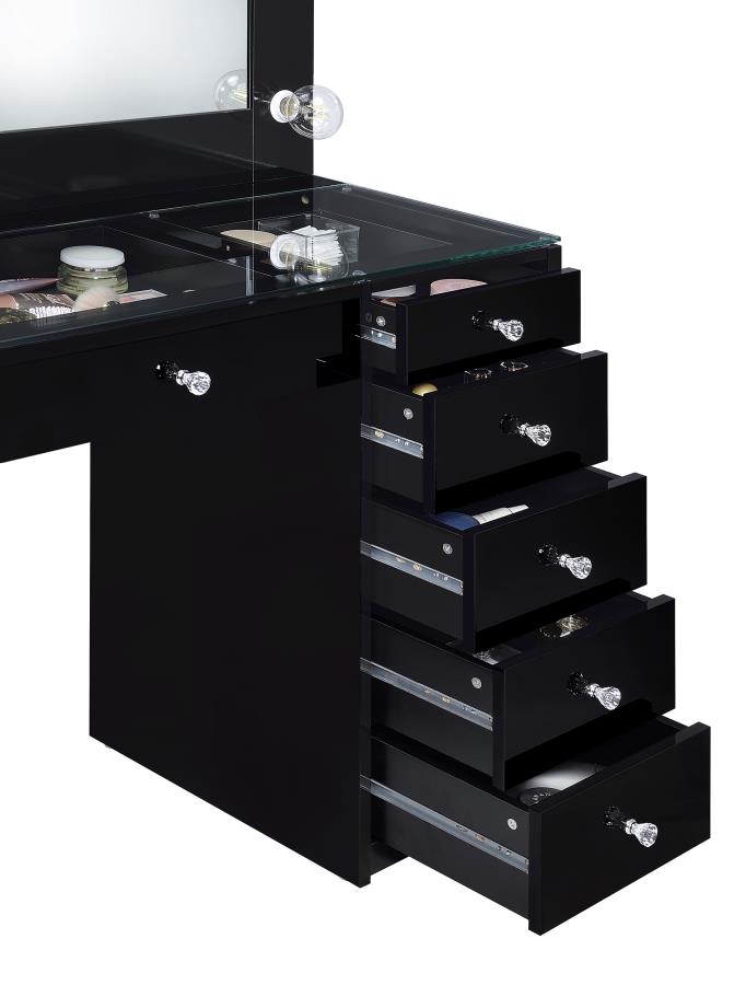 Acena 7-drawer Glass Top Vanity Desk with Lighting Black
