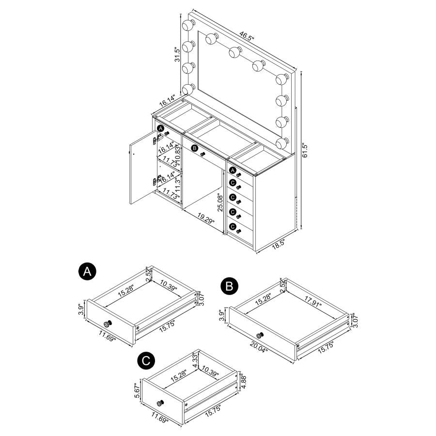Acena 7-drawer Glass Top Vanity Desk with Lighting Black