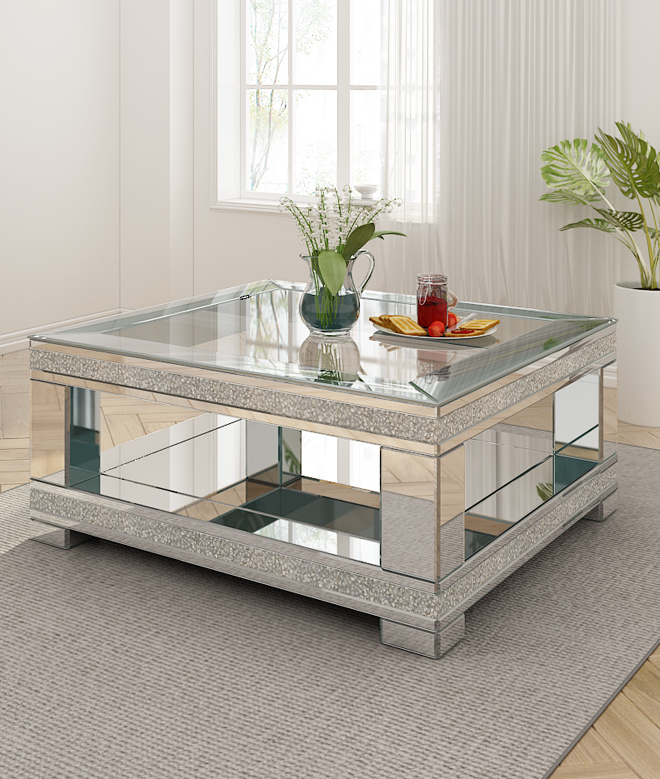 Coffee Table With Glass Top and Mirror Frame