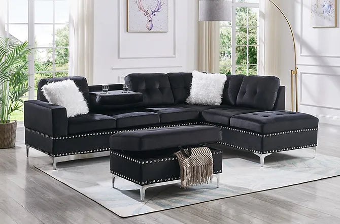 Joy Black Velvet Sectional (No Ottoman)