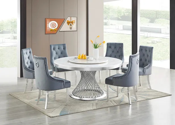 Unico Dining Set White and Chrome with 4 Grey Chairs