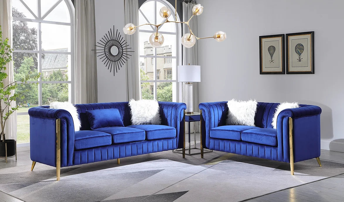 Fara Velvet Sofa & Loveseat Set - Blue