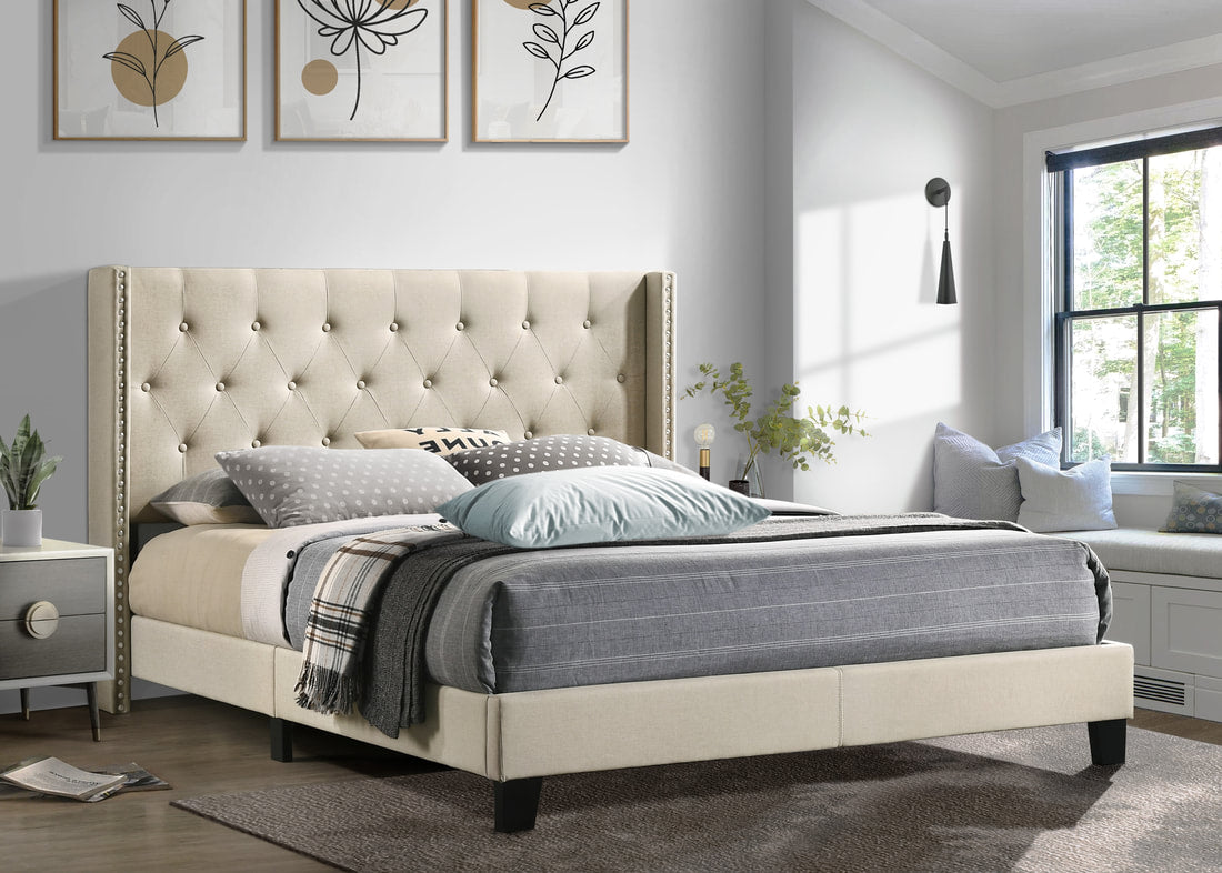 Beige Velvet Platform Bed