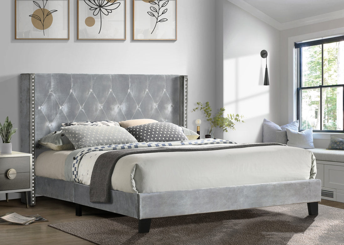 Silver Velvet Platform Bed