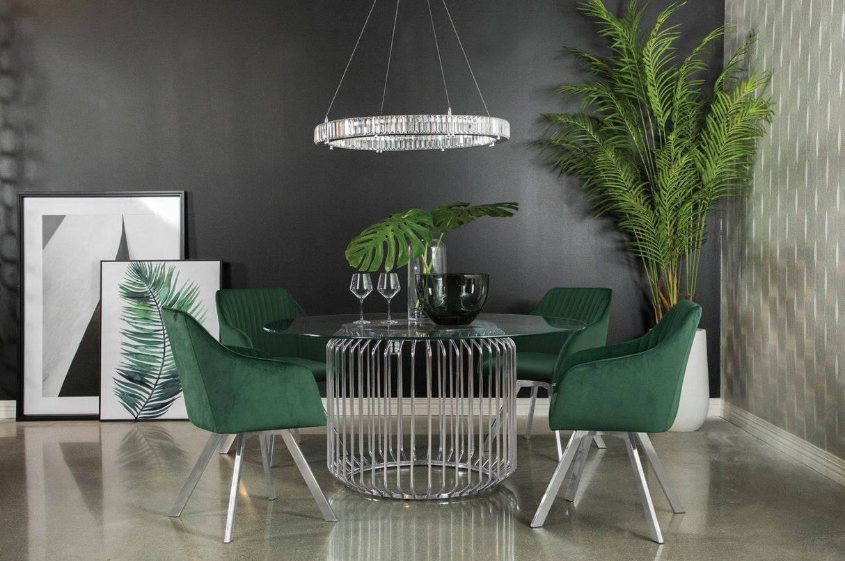 The Avalon Emerald Dining Table Base Chrome Set with 4 Arm Chairs