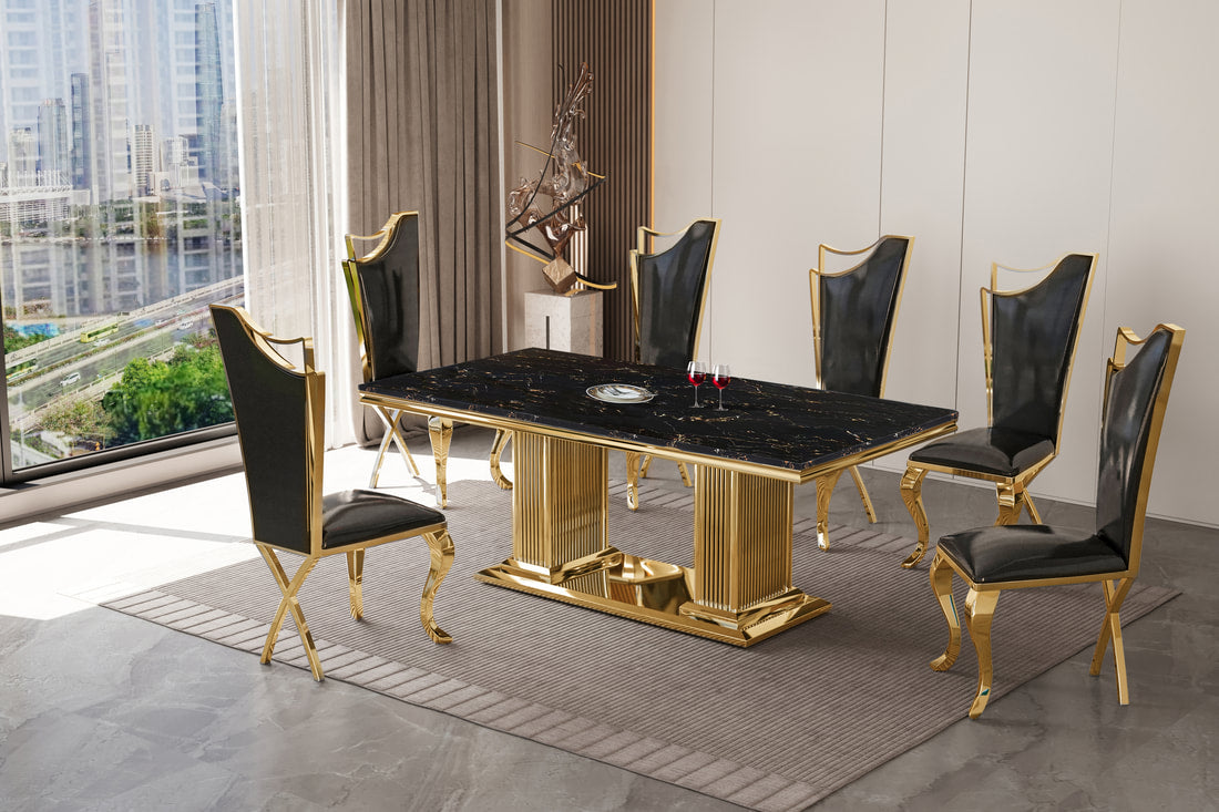 Black Marble Top / Gold - Dining Table + 6 Chair Set