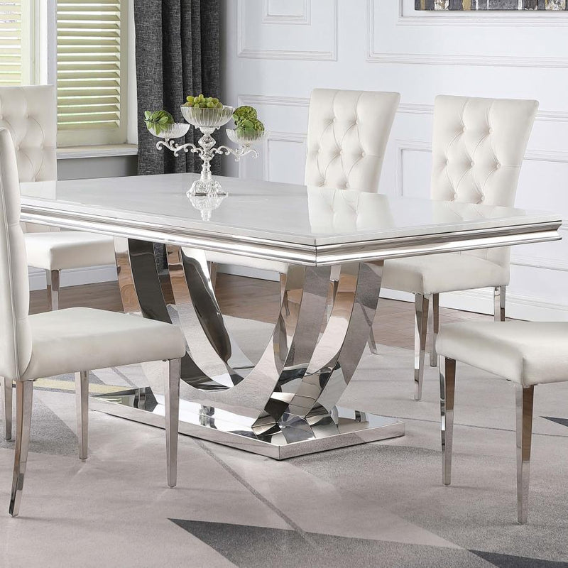 Kerwin Rectangle Faux Marble Top Dining Table Set With 6 Chairs White and Chrome
