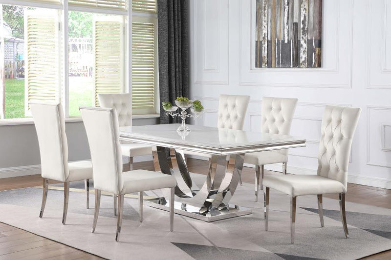 Kerwin Rectangle Faux Marble Top Dining Table Set With 6 Chairs White and Chrome