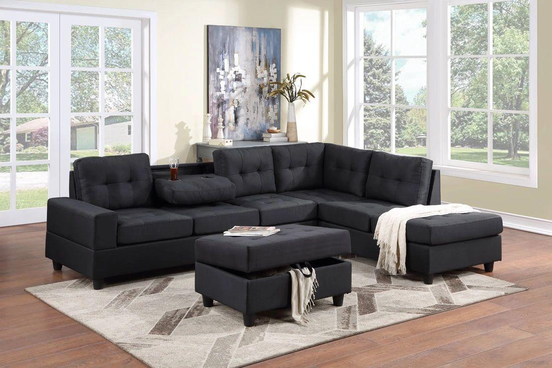 30Heights Black Linen Sectional & Storage Ottoman Set