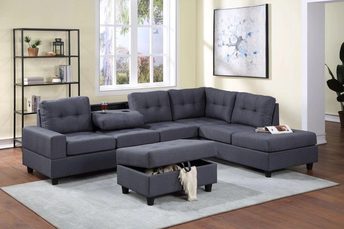 32Heights Gray Linen Sectional & Storage Ottoman Set