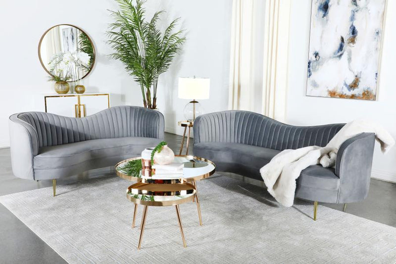 Sophia Upholstered Living Room Set with Camel Back Grey and Gold