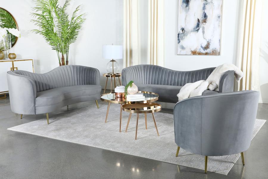 Sophia Upholstered Living Room Set with Camel Back - Grey and Gold