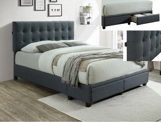 Antoine Grey Linen Platform Bed w- Drawers + USB Charging