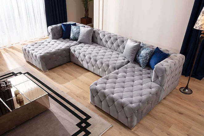 Tesla Grey Tufted Velvet Double Chaise Sectional