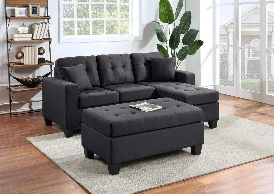 Naomi Reversible Black Linen Sectional & Ottoman