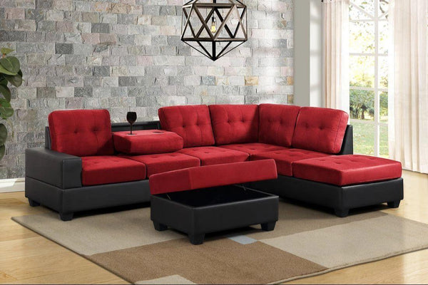 PU7Heights Red & Black Sectional & Storage Ottoman Set