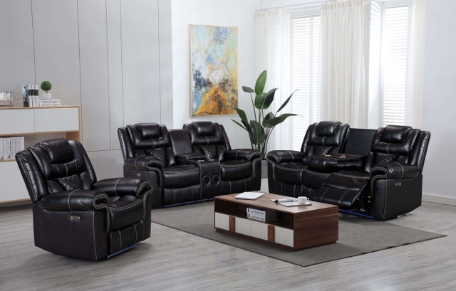 Alexa Black Leather 3-Piece Reclining Sofa, Loveseat, & Chair